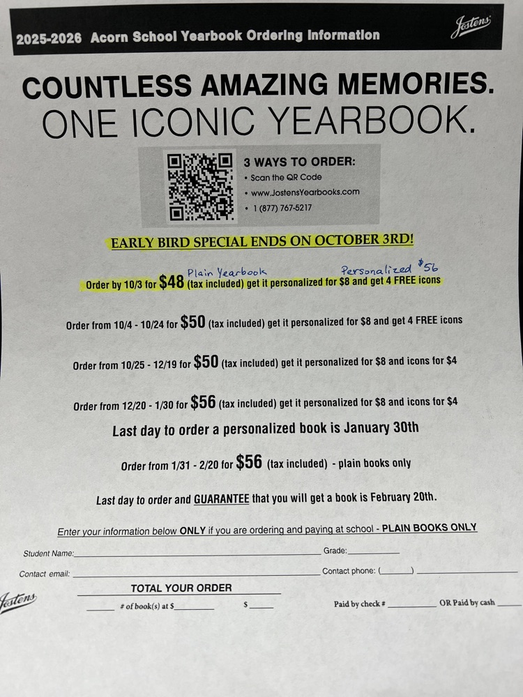 Acorn Yearbook order form