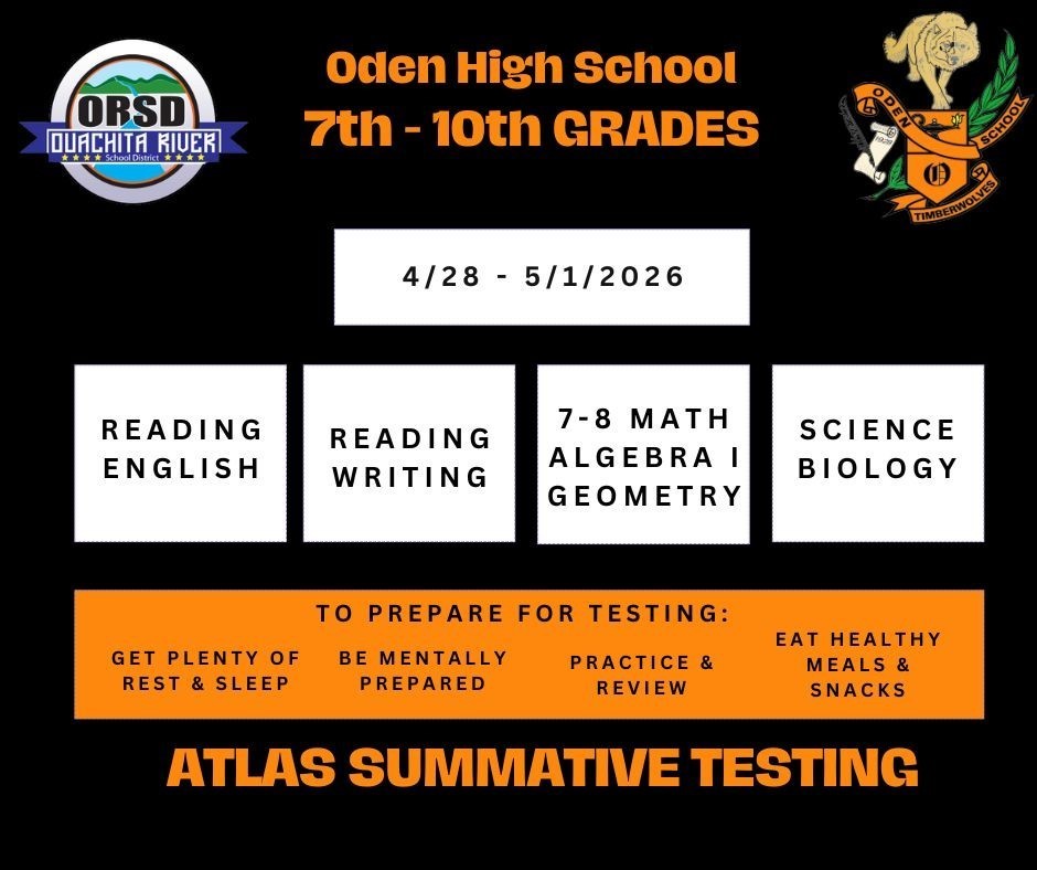 Ode n High School  ATLAS Summative Testing Schedule Spring 2026