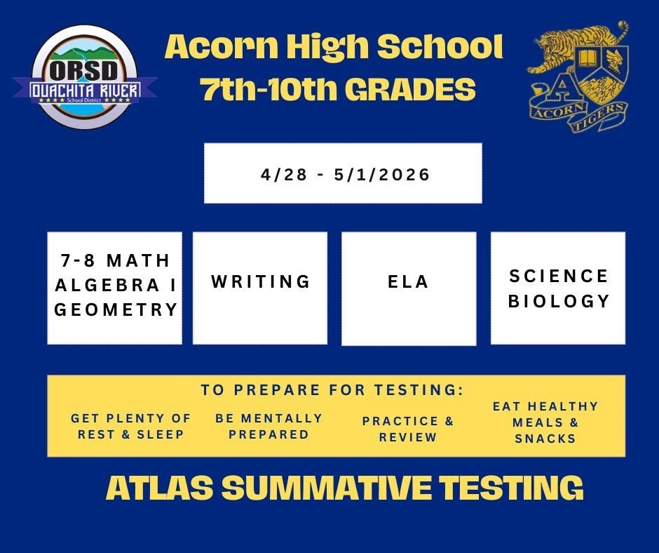 ATLAS Summative Testing Schedule for Acorn High School - Spring 2026