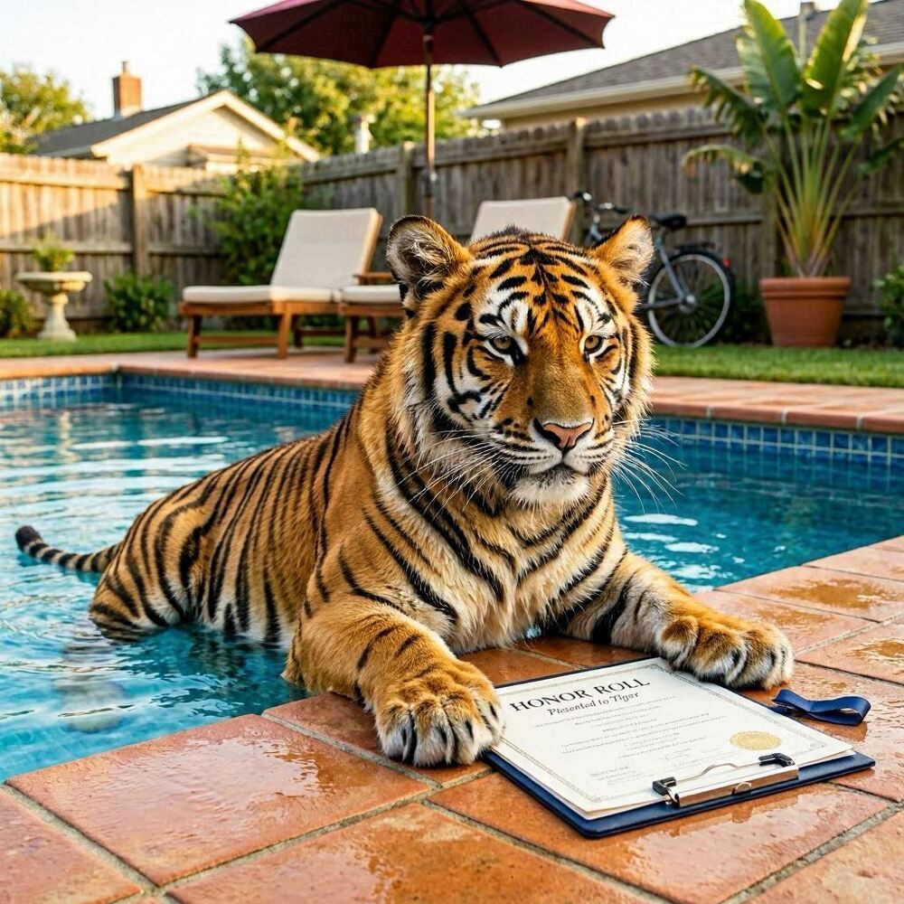 Tiger at ppol with honor roll certificate