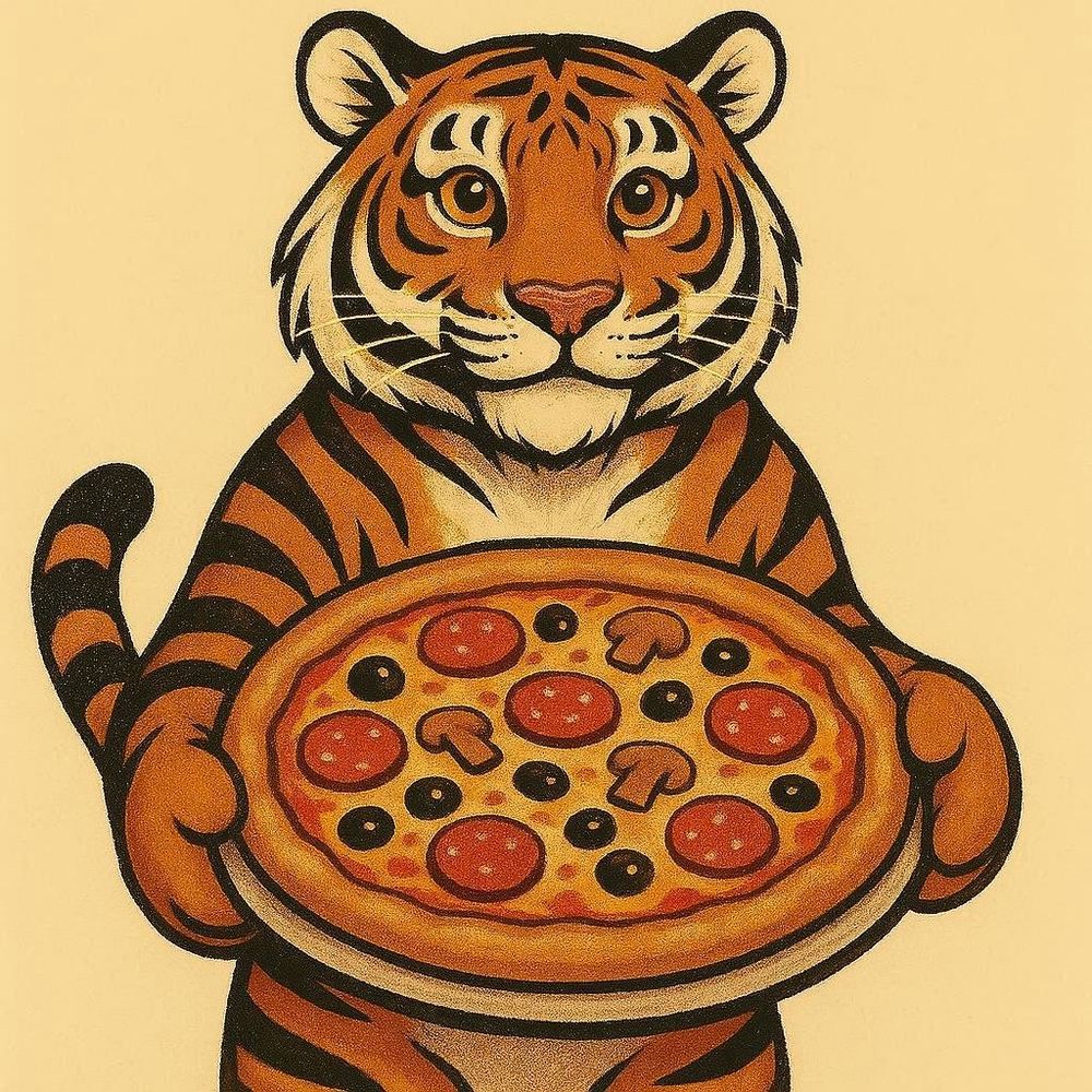 Tiger holding a pizza