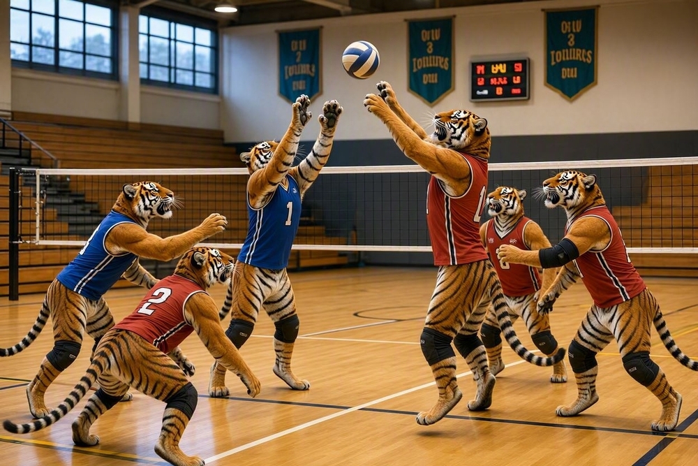 Tigers playing volleyball