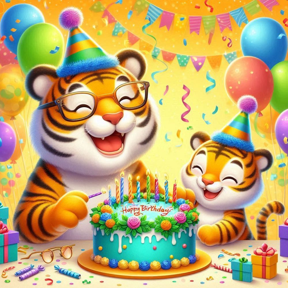 Tigers around a birthday cake