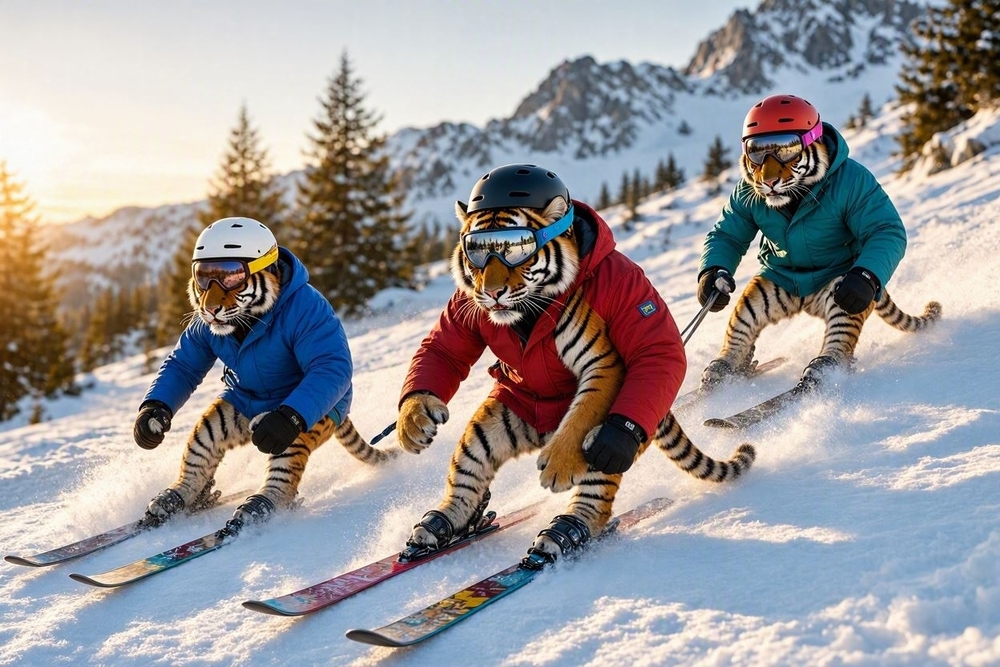 Snow skiing tigers