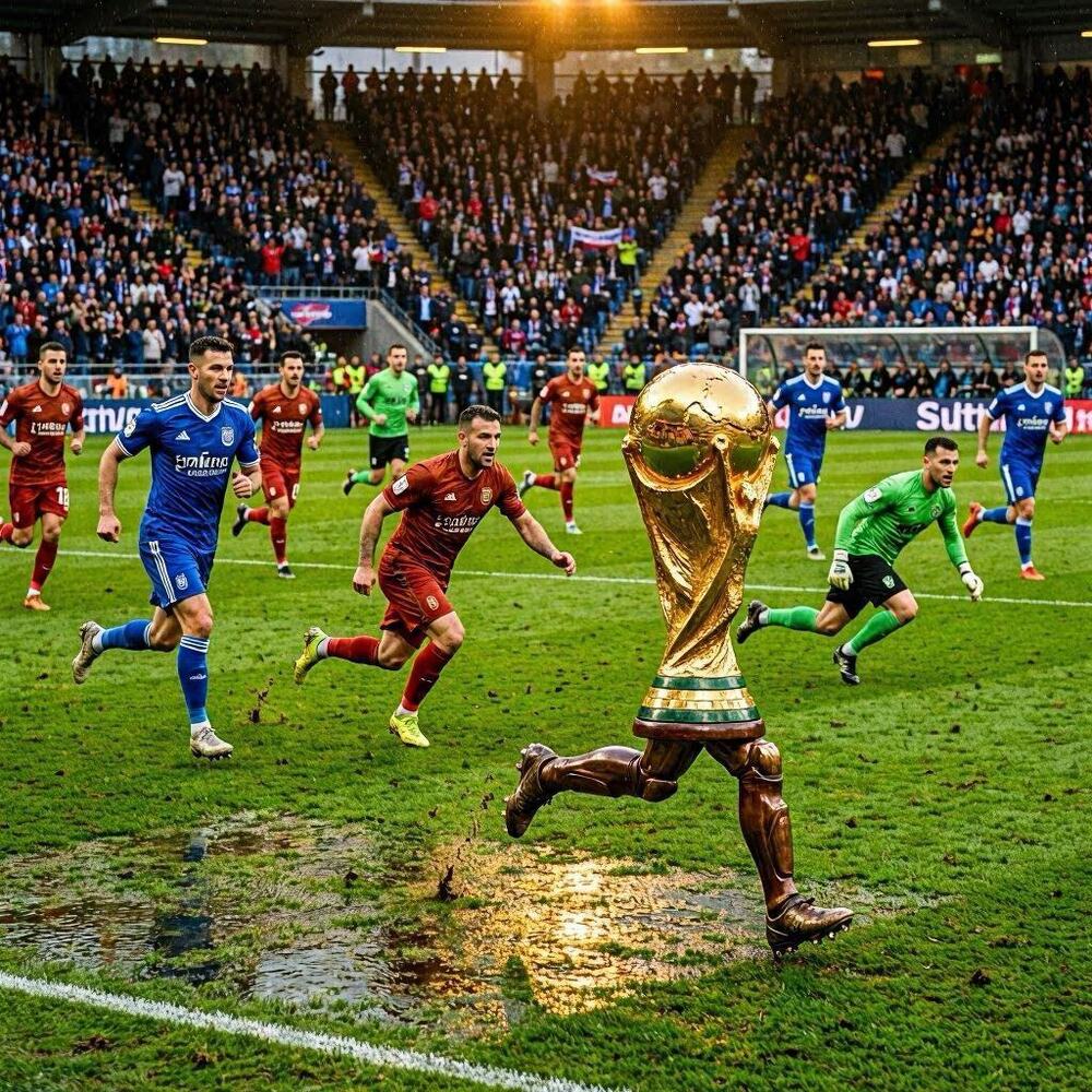 World cup trophy running from soccer players