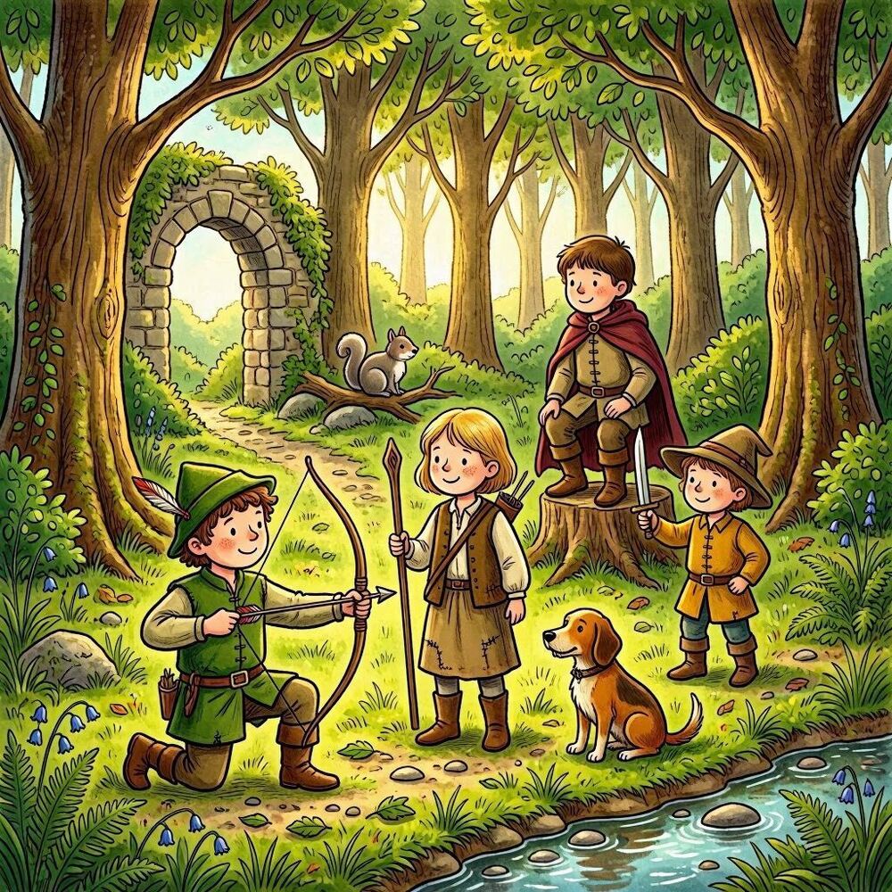 Children playing robin hood in the forest