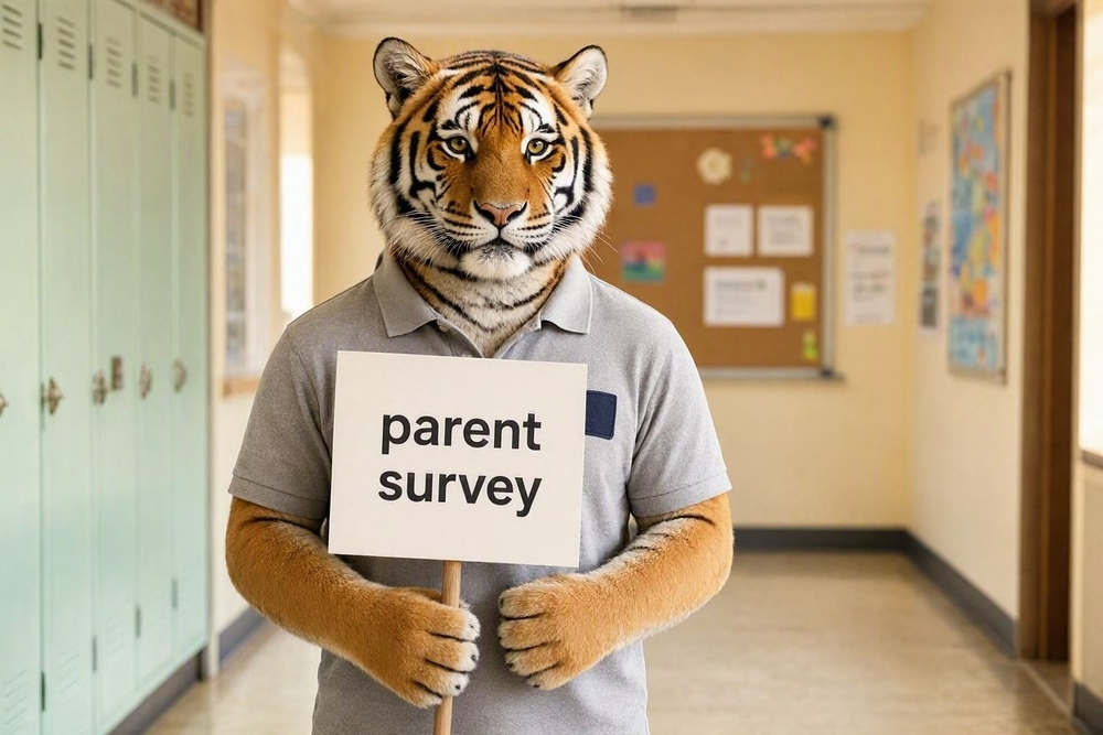 Tiger holding a sign that says parent survey