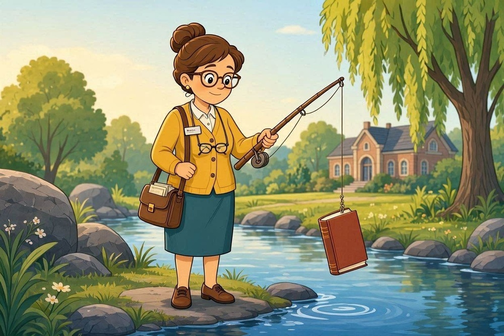 A librarian fishing with a book