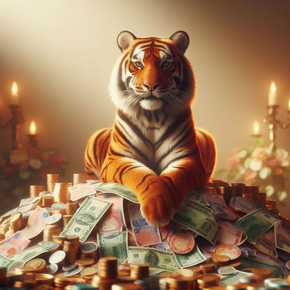Tiger sitting on money