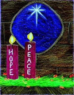 Two Advent Candles hope and Peace on a wreath. Chalk drawing