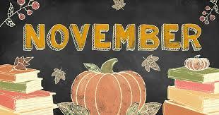 November with pumpkins, leaves, and books
