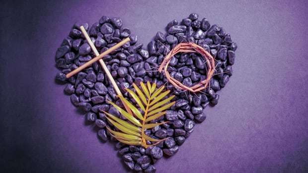 purple heart with cross, palm frowns, & crown of thorns