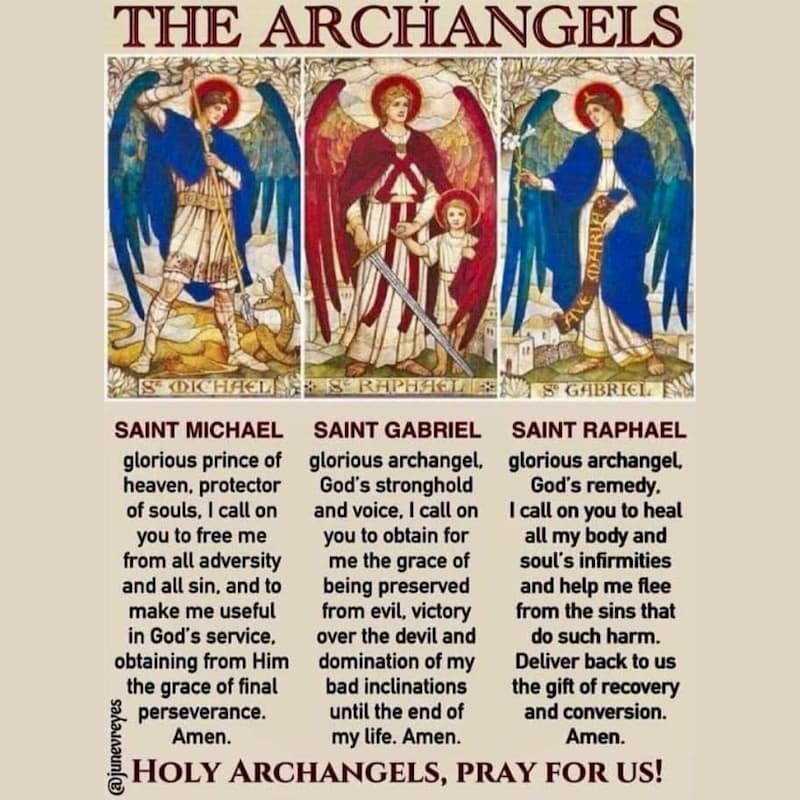 Picture of the three Archangels with prayers under their picture