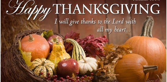 cornucopia with the words Happy Thanksgiving - I will give thanks to the Lord with all my heart