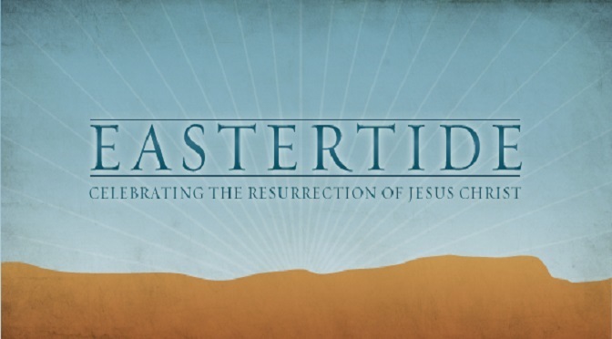 words Eastertide over a drawn landscape background