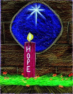 one advent candle with the word hope and a star in the background