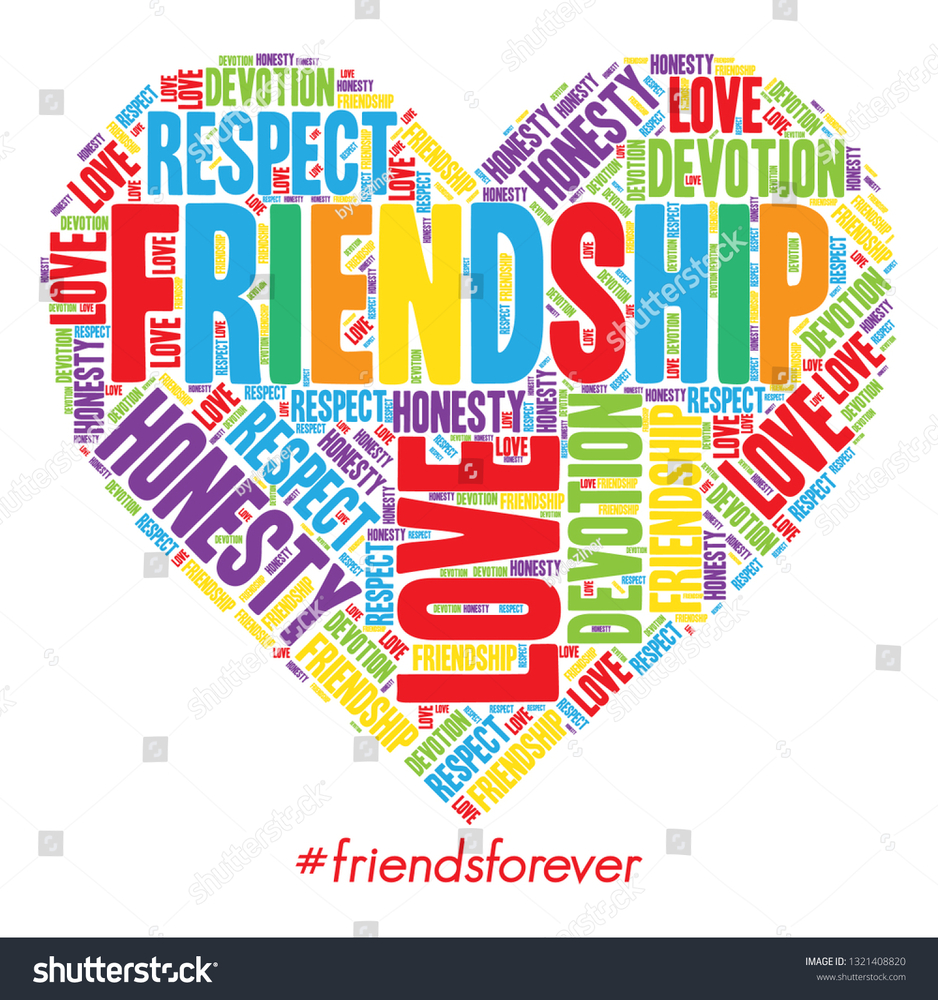 Heart with the word friendship and words that talk about Friendship