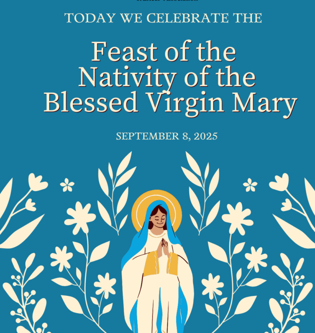 Feast of the Nativity of the Blessed Virgin Mary with a blue background with flowers