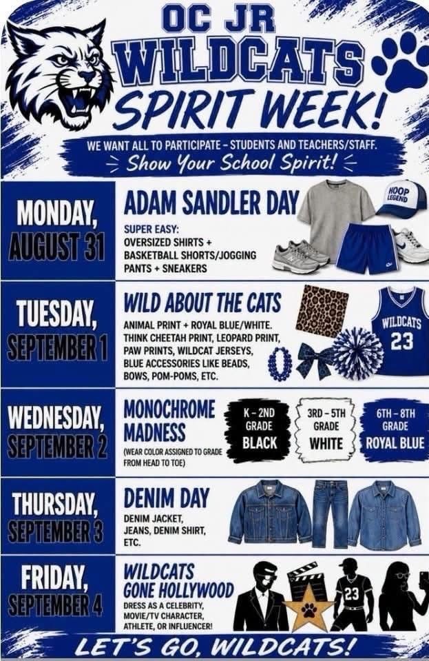 OC JR Wildcats Spirit Week schedule