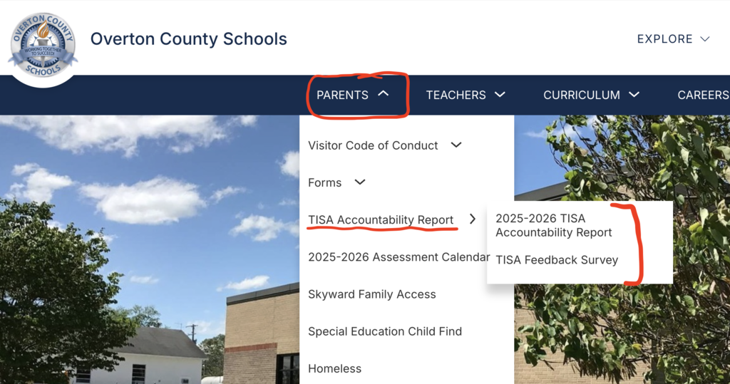 Screenshot of our website.  Click on parents menu then TISA Accountability report.