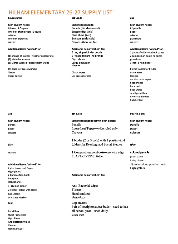 26-27 HES Supply List