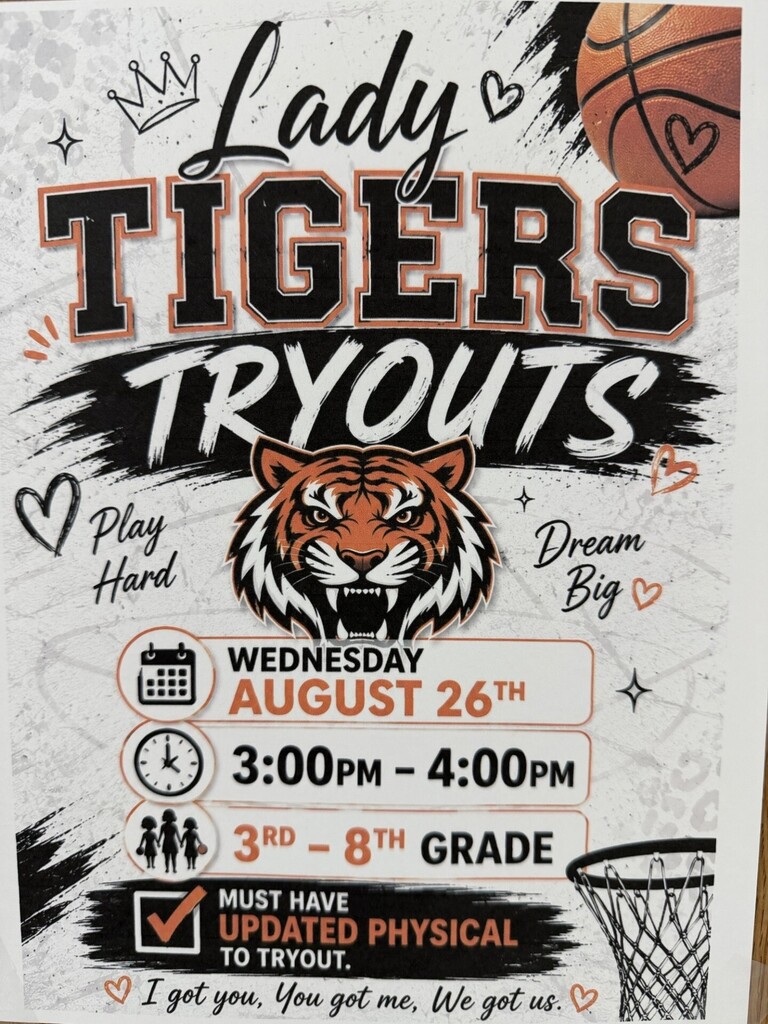 Girls Basketball tryouts August 26th 3:00-4:00 p.m.