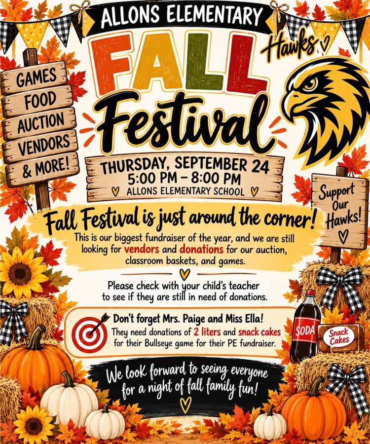 graphic for upcoming fall festival on Thursday, September 24 seeking donations for auction, teacher baskets and prizes for games.
