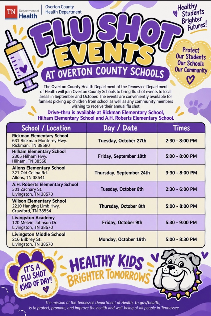 Wilson Elementary will hold the flu clinic from 2:30-8:00pm  