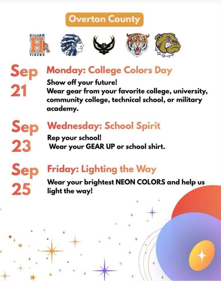 Rickman students, get ready to show your spirit for National GEAR Up Week! Join GEAR Up TTU for three fun days of school spirit and college and career readiness activities!! 