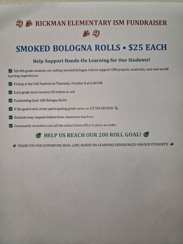 Our 5th–8th grade ISM students are selling SMOKED BOLOGNA ROLLS for $25 each! 🥩🔥  Your purchase helps support ISM projects, supplies, materials, and real-life, hands-on learning experiences for our students! 📚🛠️