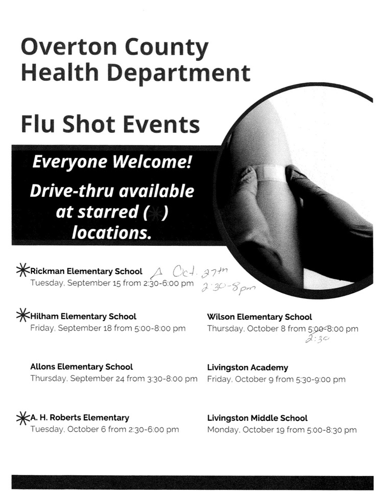 The Overton County health dept. will be set up on Thursday, September 24 from 3:30-8:00 pm giving flu shots
