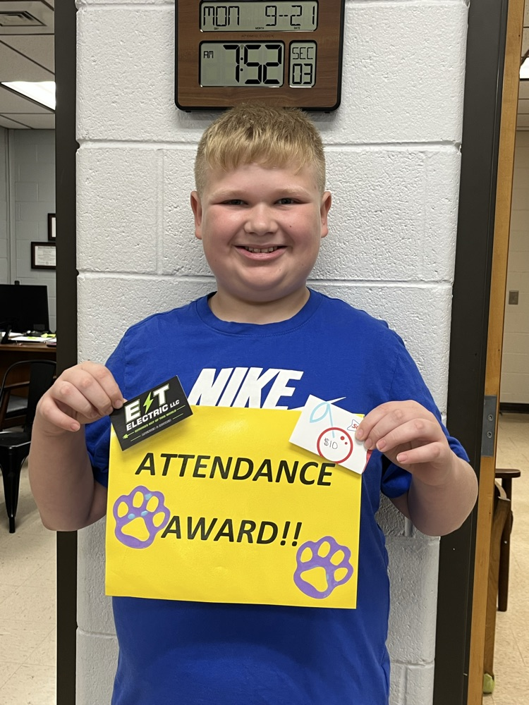 Congratulations to our September 14-18th Perfect Attendance Winner, Jaxon Haney!! 💜💛 September's Perfect Attendance is sponsored by ET Electric. Thank you, ET Electric, for sponsoring our students!