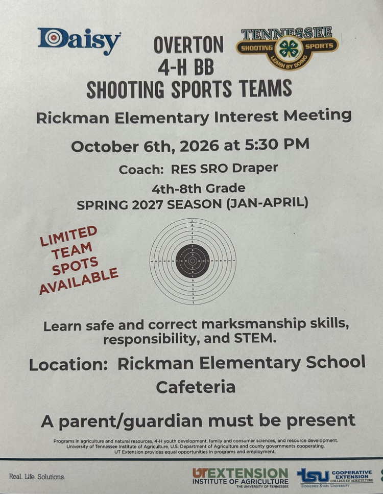 Rickman Elementary is excited to host an Interest Meeting for the Overton 4-H BB Shooting Sports Team! 🏹🎯