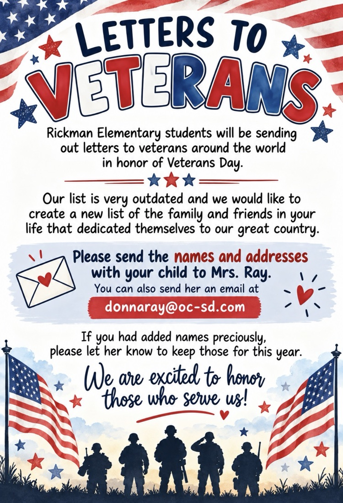 Rickman Elementary students will be sending out letters to veterans around the world in honor of Veterans Day.