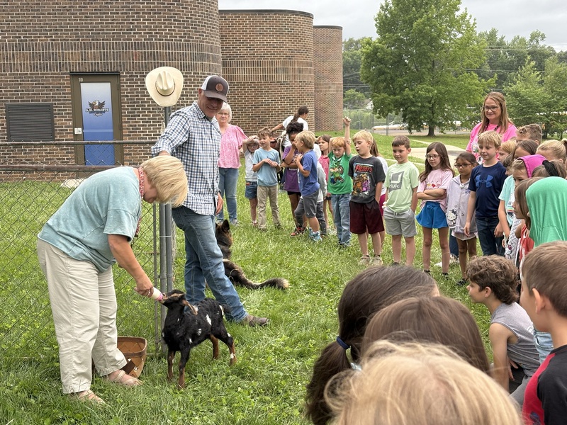 students gathered around a goat