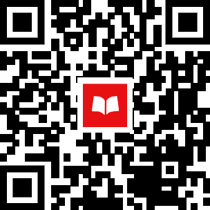 Black-and-white QR code with a red square in the center featuring an open white book icon. The QR code is intended to be scanned with a mobile device to access online information related to the upcoming Scholastic Book Fair.