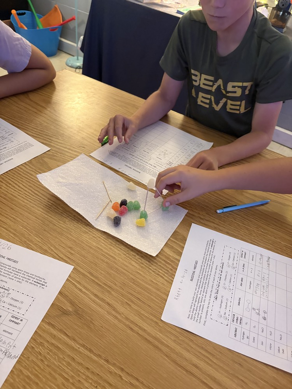 5th grade students building elements, molecules, and compounds with spice drops