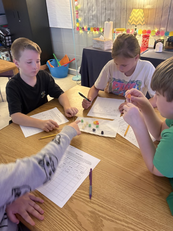 5th grade students building elements, molecules, and compounds with spice drops
