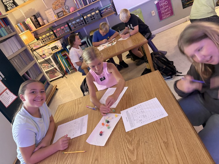 5th grade students building elements, molecules, and compounds with spice drops