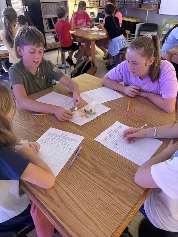 5th grade students building elements, molecules, and compounds with spice drops