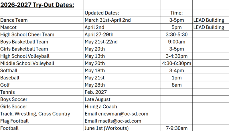 updated sports try out list