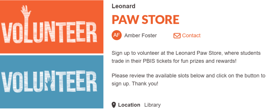 Volunteers needed for Leonard PBIS Store
