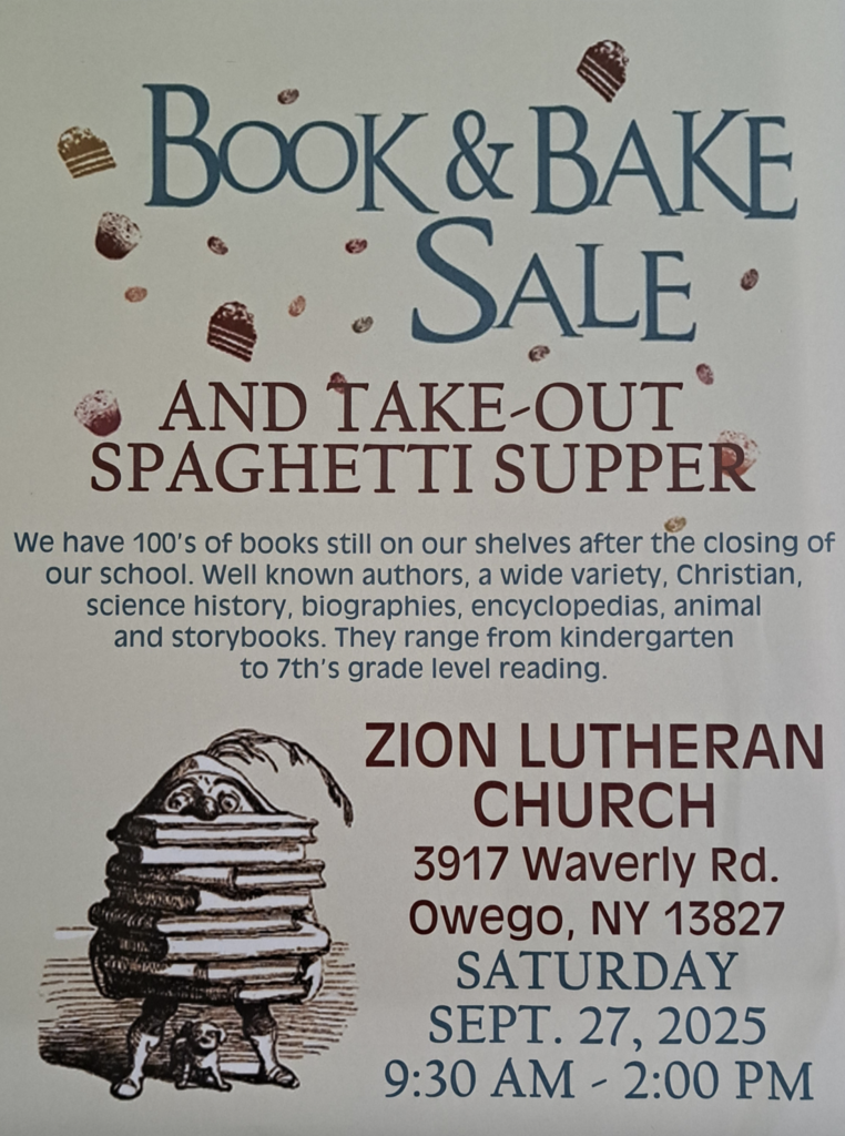 Zion Lutheran Church Book and Bake Sale: 9/27/25