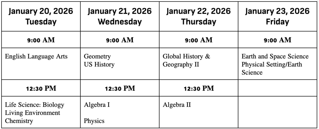 Janaury Regents Schedule