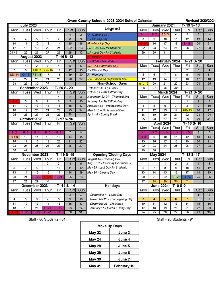 2023-2024 School Calendar Revised | Owen County Schools