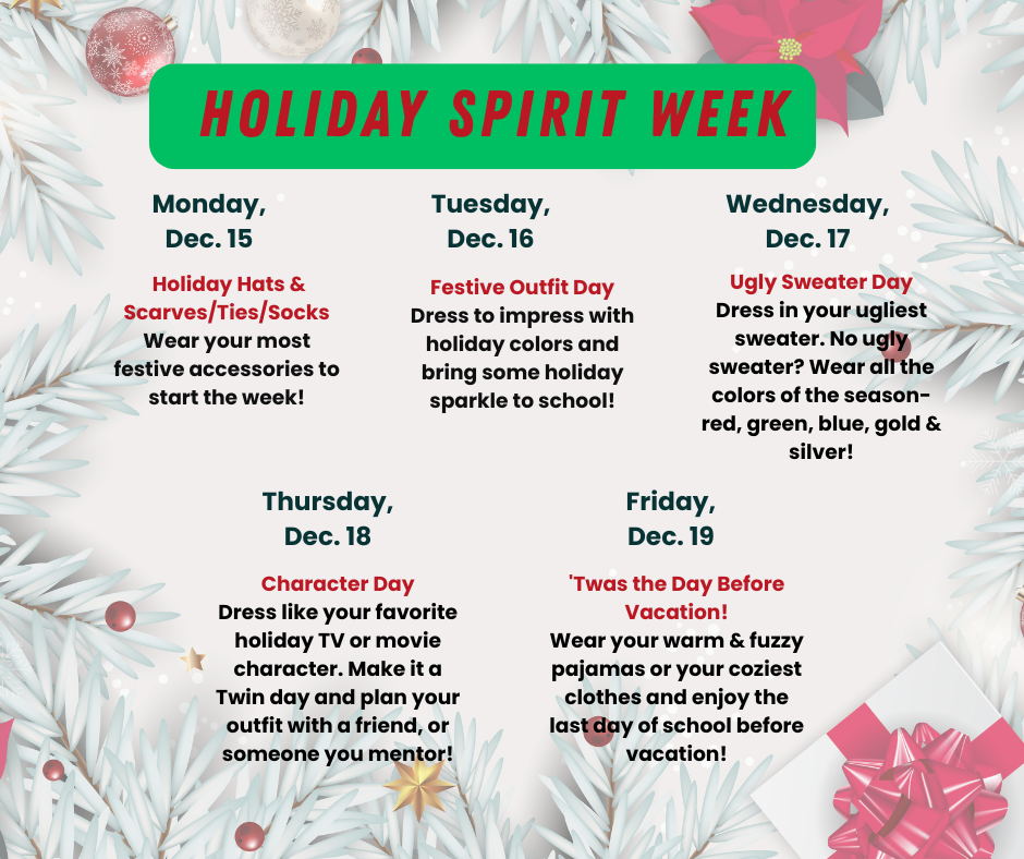 spirit week theme days listed on a holiday background