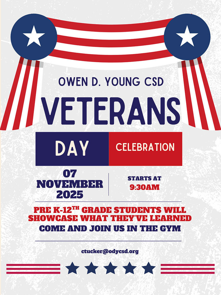 Veterans Day Assembly flyer red white and blue theme