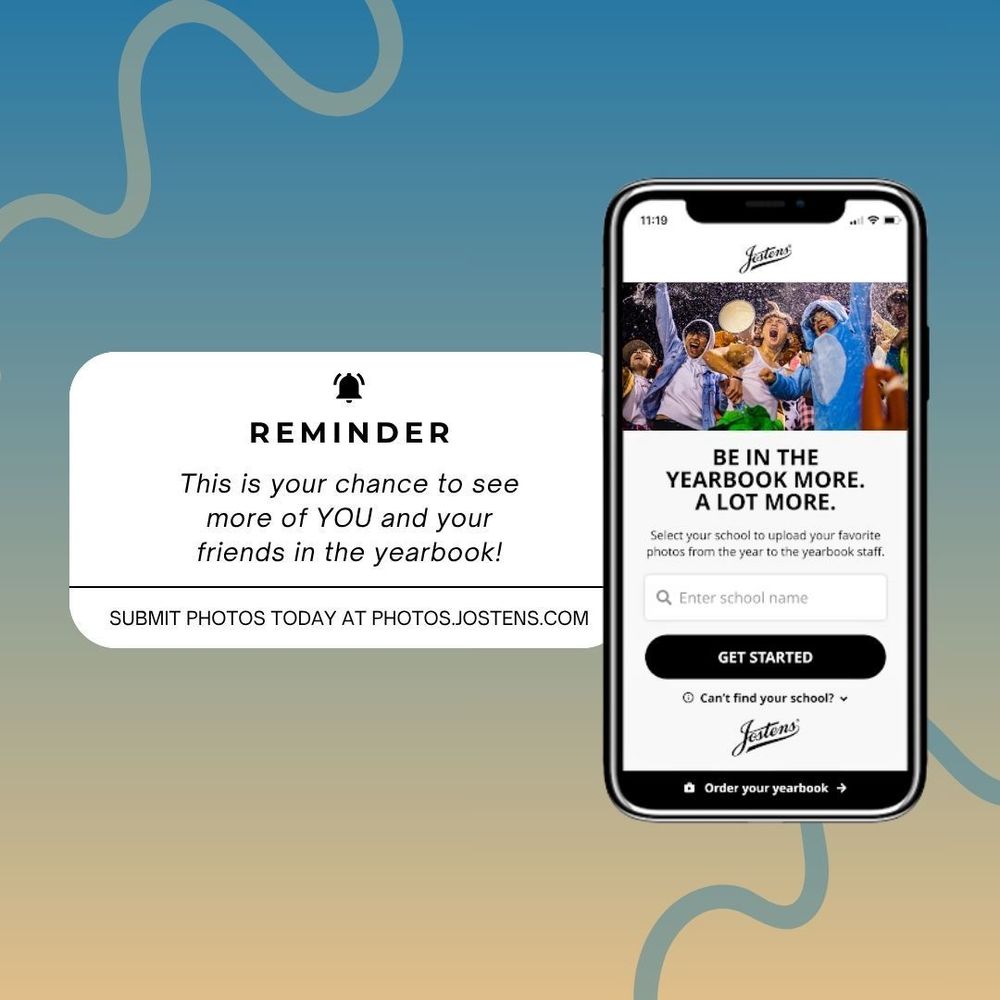 Yearbook photo share information in the shape of a smartphone screen