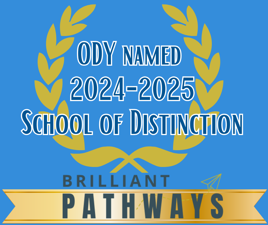 brilliant pathways logo inside gold ribbon with school of distinction text above and centered in gold laurel leaves