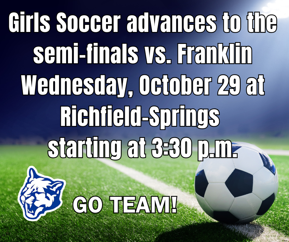 Girls soccer team advances to semi finals. Traditional soccer ball sits near a line marker on the field. Wildcat logo in left corner. 